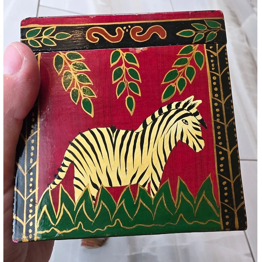 Hand Painted Zebra Wooden Trinket Box and Matching Egg‎ Ornament Set Folk Art S3